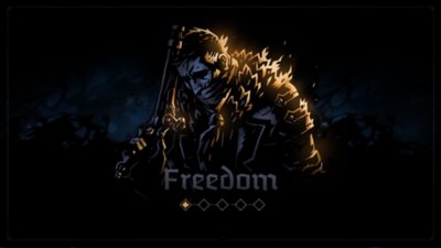 Darkest Dungeon II-screenshot van een gewapend personage met een 'Freedom'-meter onder zich