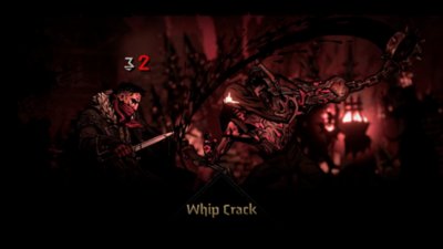 Darkest Dungeon II – Screenshot von der Fähigkeit „Peitschenknallen“ im Kampf