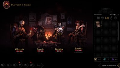 Darkest Dungeon II-screenshot van personages die uitrusten in een herberg
