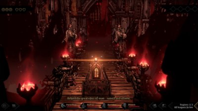 Captura de ecrã do Darkest Dungeon II com a carruagem das personagens a passar por uma ponte levadiça