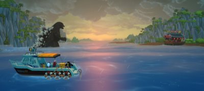 Captura de tela de Dave the Diver exibindo Godzilla no Poço Azul