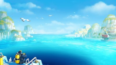 Иллюстрация к игре Dave the Diver — Дейв плывёт на лодке по водам Голубой дыры, на заднем плане виден суши-бар
