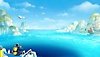 رسوم توضيحي من لعبة Dave the Diver يعرض Dave على قارب في الثقب الأزرق ويظهر مطعم سوشي على مسافة بعيدة
