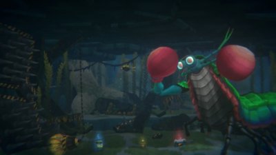 צילום מסך מתוך המשחק Dave the Diver המציג את דייב נתקל ביצור ענק דמוי גמל שלמה