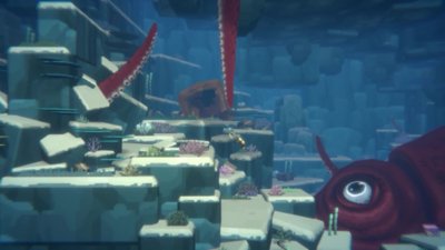 Dave the Diver – Capture d'écran montrant un calmar géant tapi dans les profondeurs