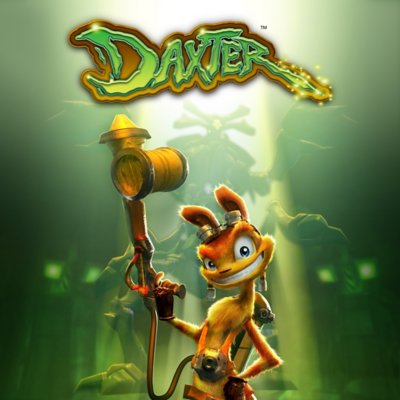 Daxter, glavna ilustracija koja prikazuje lik kako se ceri i drži oružje u ruci.