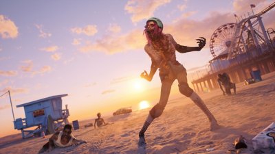 Dead Island 2 – Screenshot van een vrouwelijke zombie op rolschaatsen op Venice Beach.