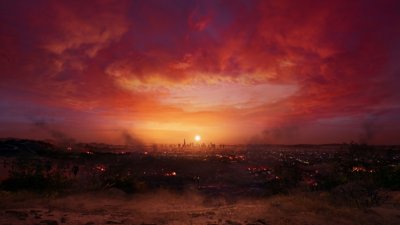 لقطة شاشة من لعبة Dead Island 2 تُظهر أفق مدينة لوس أنجلوس عند غروب الشمس