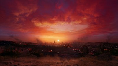 Dead Island 2 screenshot showing the LA sprawl at sunset