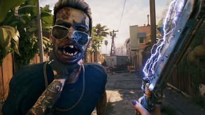 Dead Island 2 screenshot showing the player holding a zombie by the throat in one hand while wielding an electrified blade