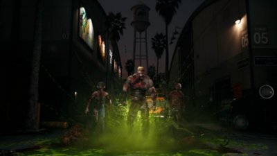 Captura de pantalla de Dead Island 2 que muestra a tres zombis caminando a través de lodo tóxico en un set de películas