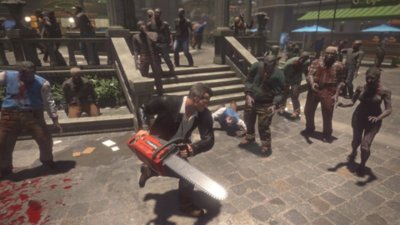Dead Rising Deluxe Remaster screenshot showing Frank using a chainsaw against zombies