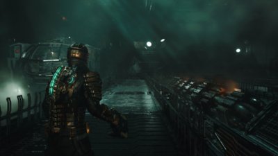 Artwork aus Dead Space Remake, auf dem Isaac in Richtung eines großen Hangars geht