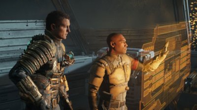 Dead Space-screenshot van Isaac en een ander personage die met een holografisch scherm bezig zijn