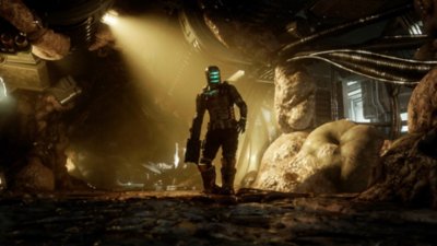 Dead Space 스크린샷, 아이작이 살덩이 같은 물체로 가득한 복도를 걸어가는 모습