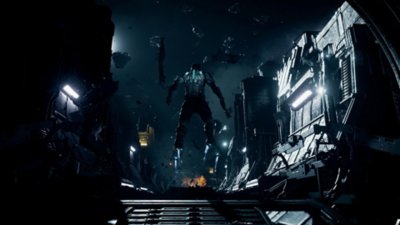 Captura de pantalla de Dead Space que muestra a Isaac flotando por un espacio exterior lleno de escombros