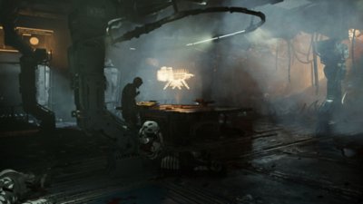 ภาพหน้าจอ Dead Space แสดงให้เห็น Isacc ยืนอยู่เหนือโต๊ะขนาดใหญ่