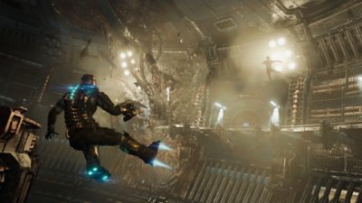Dead Space screenshot showing Isaac flying through the air with the aid of boosters 