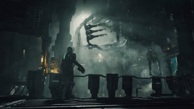 Captura de ecrã de Dead Space que mostra o Isaac a observar uma grande sala cheia de maquinaria