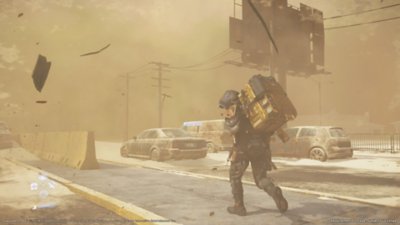 Death Stranding 2: On the Beach screenshot showing Sam in a sandstorm