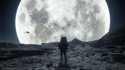 Death Stranding 2: On the Beach – знімок екрана, на якому Сем стоїть на тлі величезного місяця