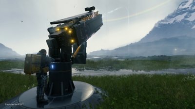 Death Stranding screenshot showing Sam using a cargo catapult