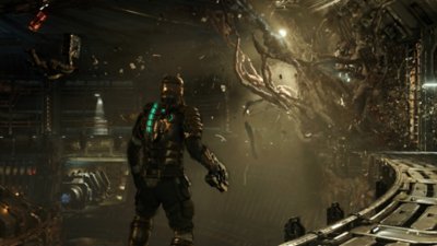 عمل فني للعبة Dead Space المُحسنة يظهر فيه Isaac يقف في غرفة كبيرة