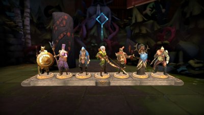 Screenshot van Demeo met zeven personages op een rij