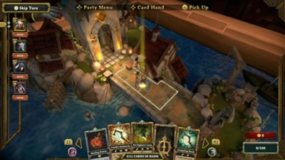 Demeo: снимок игрового процесса с видом сверху на битву у входа в замок, окружённый рвом