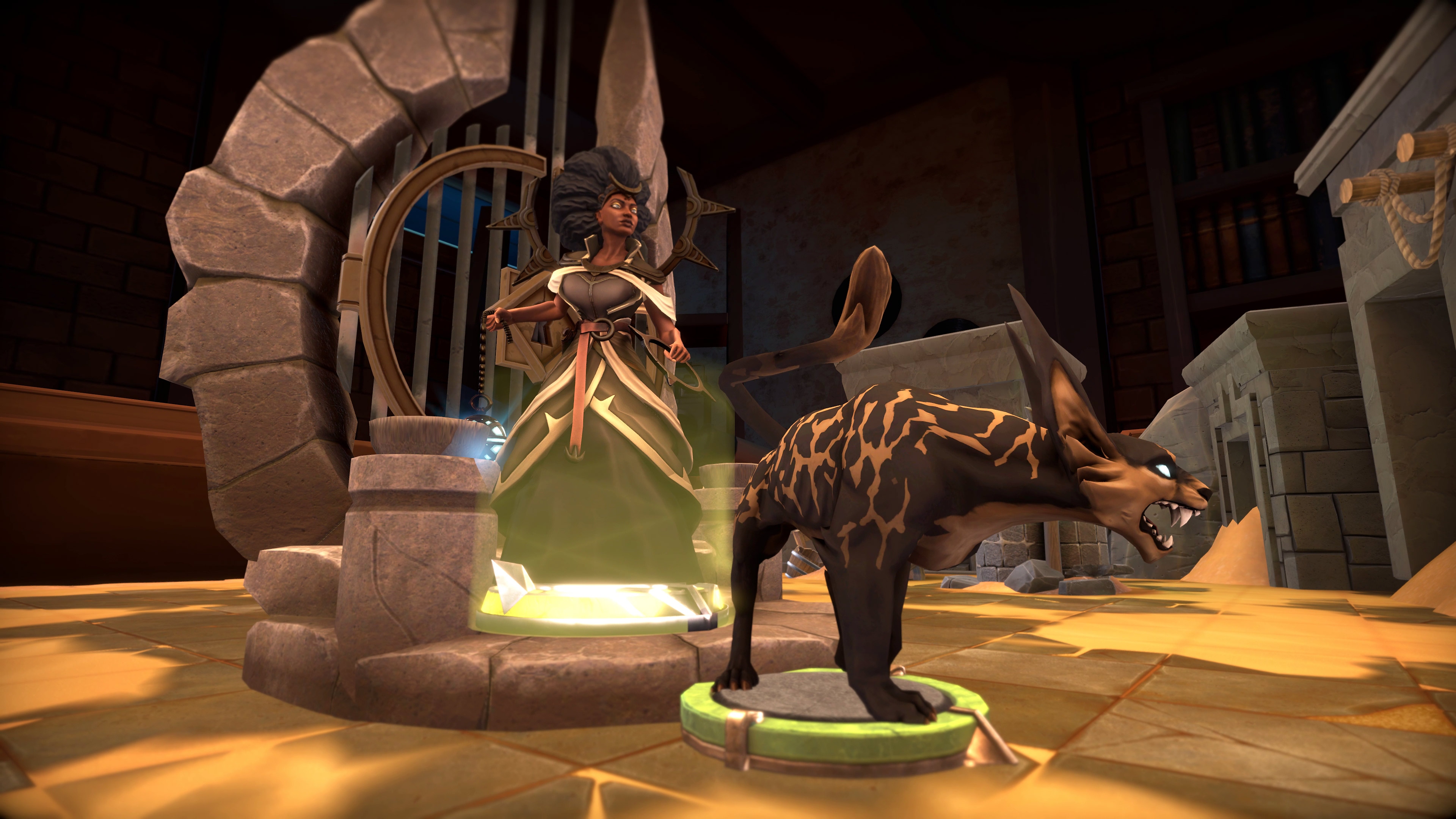 Screenshot van Demeo met een grommend, hyena-achtig wezen dat op het punt staat van aanvallen