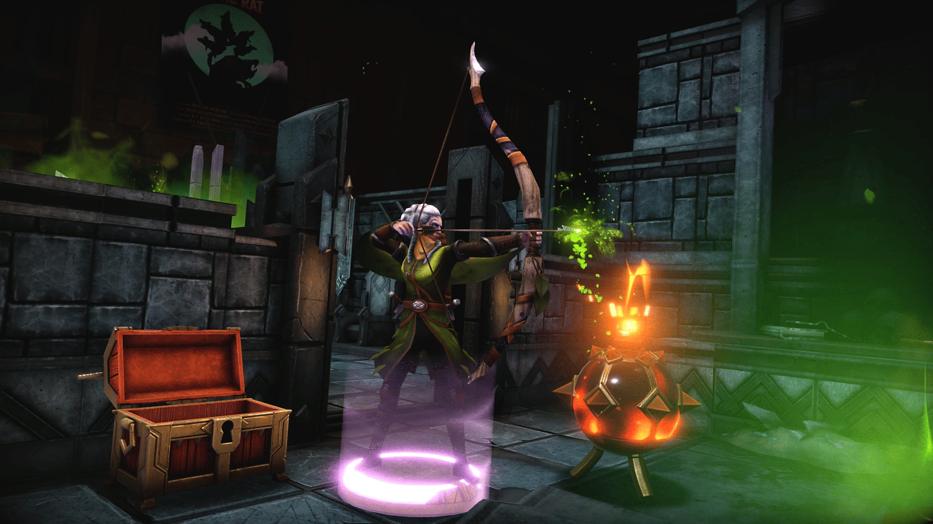 Screenshot van Demeo waarin een personage een boog spant om een pijl af te vuren