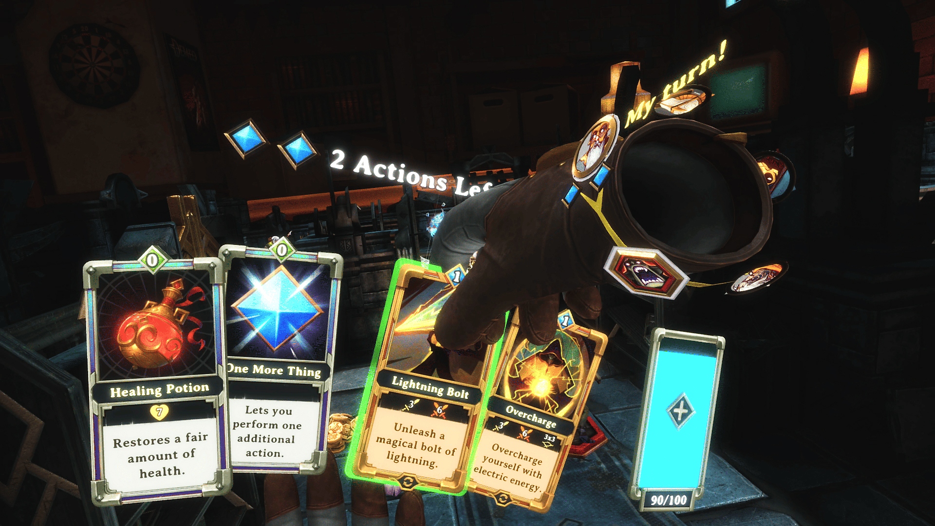 Demeo screenshot showing a floating hand selecting a card to play 'Lightning Bolt'