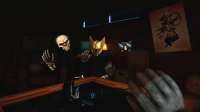 Demeo — снимок экрана, на котором над игровым столом парит череп с золотым шлемом
