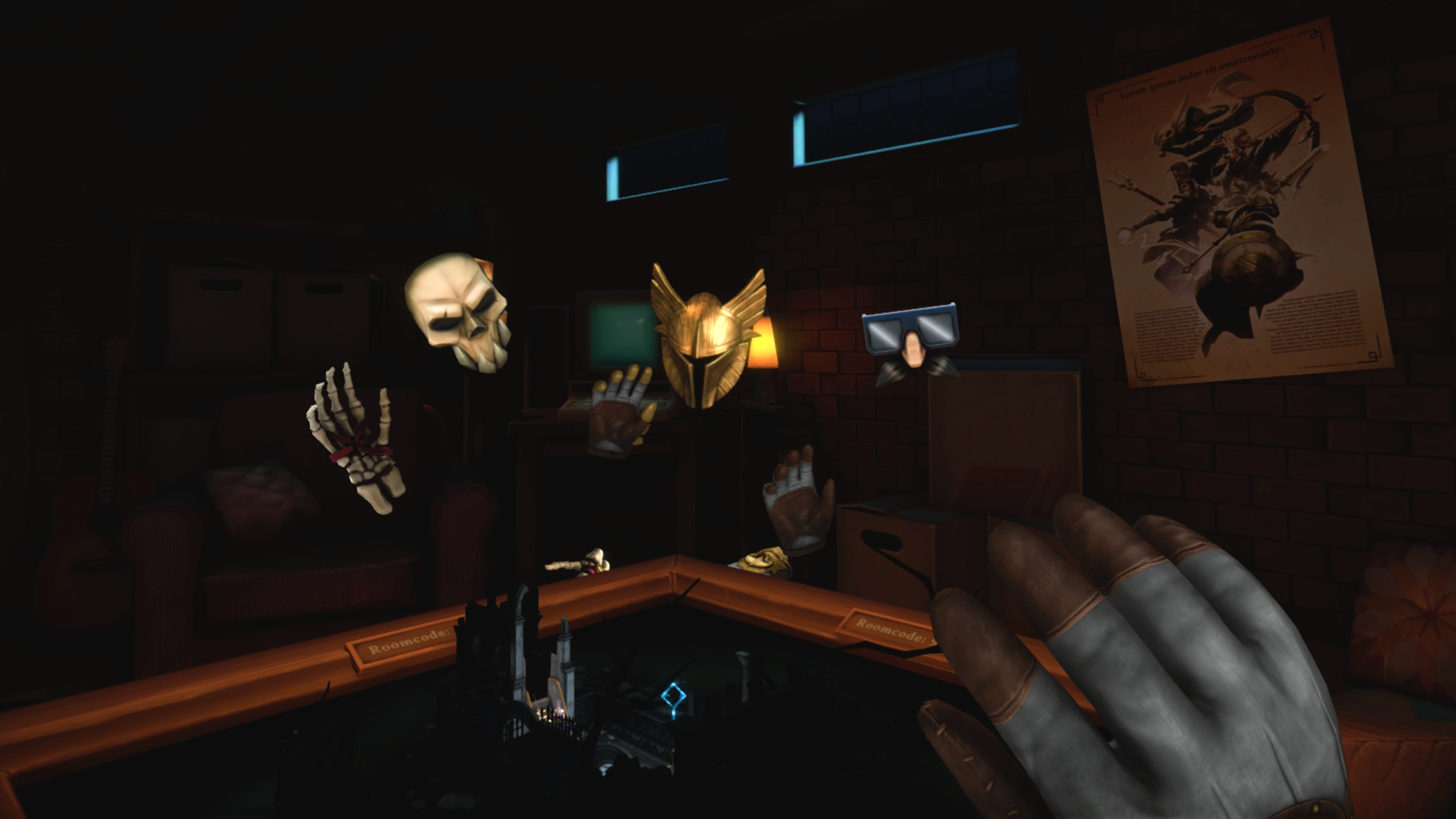 Capture d'écran de Demeo montrant un casque en or et un crâne flottant au-dessus de la surface de jeu.