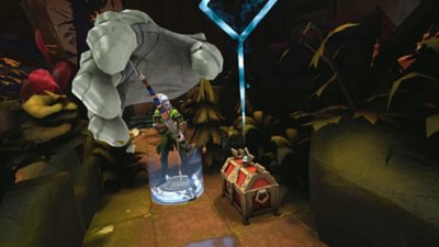 Gameplay-screenshot van Demeo met een personage dat gegrepen wordt door een grote bepantserde hand