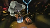 Captura de pantalla de Demeo que muestra a un personaje a punto de que una mano gigante con armadura lo coja