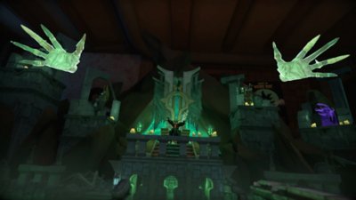 Screenshot van Demeo met twee grote zwevende handen voor een kasteel