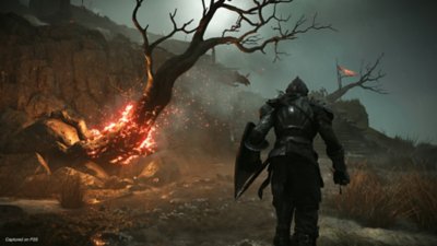 لقطة شاشة من Demon's Souls تعرض اللاعب بجانب شجرة مشتعلة وأمامه هيكلان عظميان