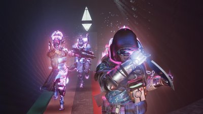 Destiny 2: The Final Shape screenshot showing three Guardians running into battle