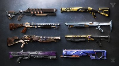 Destiny 2 Ash and Iron screenshot showing a weapons wall with a variety of new designs