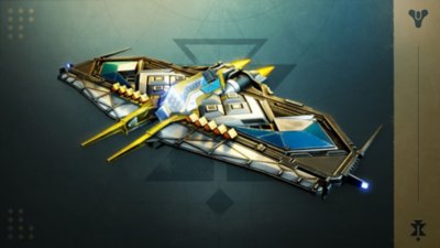 Destiny 2 Ash and Iron screenshot showing a new ship customization option in blue and gold 