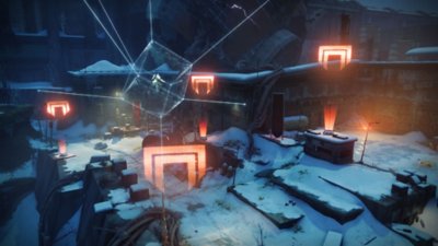 Destiny 2 Ash and Iron screenshot showing a snowy environment with a glass prism in the air above the ground