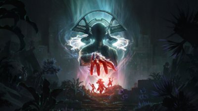 Arte principal de Destiny 2: Ecos que muestra a tres guardianes eclipsada por una entidad sombría que se yergue sobre ellos.
