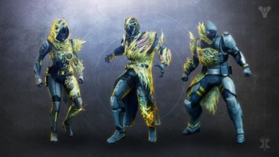 Destiny 2 : Les Confins du Destin - Pass de récompenses – Capture d'écran mettant en scène trois personnages au look vert identique