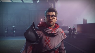 Destiny 2 : Les Confins du Destin – Capture d'écran montrant un personnage avec des lunettes et une robe violette qui regarde quelque chose hors champ