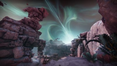 Destiny 2 : Les Confins du Destin – Capture d'écran mettant en scène une lueur bleue traversant le ciel d'un monde rocailleux