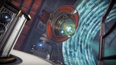 Destiny 2 : Les Confins du Destin – Capture d'écran mettant en scène une machine cylindrique avec une lumière verte en son centre