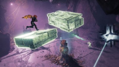 Destiny 2 : Les Confins du Destin – Capture d'écran montrant des personnages en train de sauter d'une plateforme de pierres vert pâle à une autre