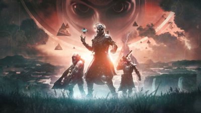 Arte de Destiny 2: A Forma Final mostrando Ikora Rey, Zavala, Cayde-6 e um Fantasma