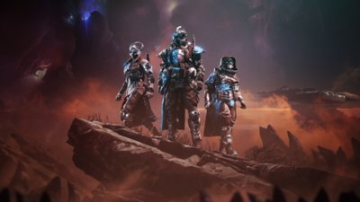 Screenshot aus Destiny 2: Die finale Form, der drei Hüter zeigt, die auf einem Felsen stehen.